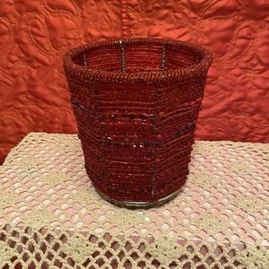Pottery Barn Red Beaded Candle Holder 5.5" X 4.5" For Large 3-wick Candle OrMisc